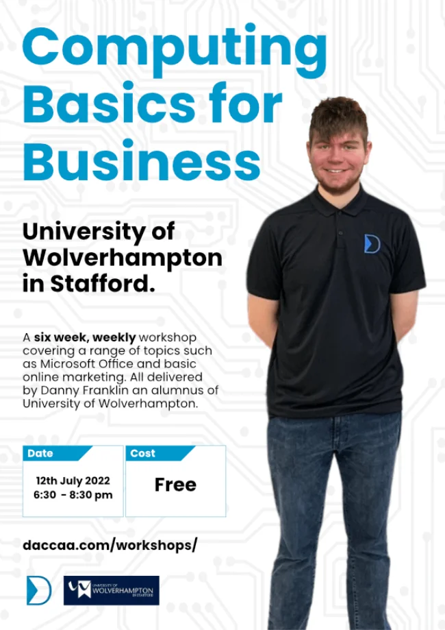 Poster for our Computing Basics for Business workshop, run with the University of Wolverhampton in Stafford