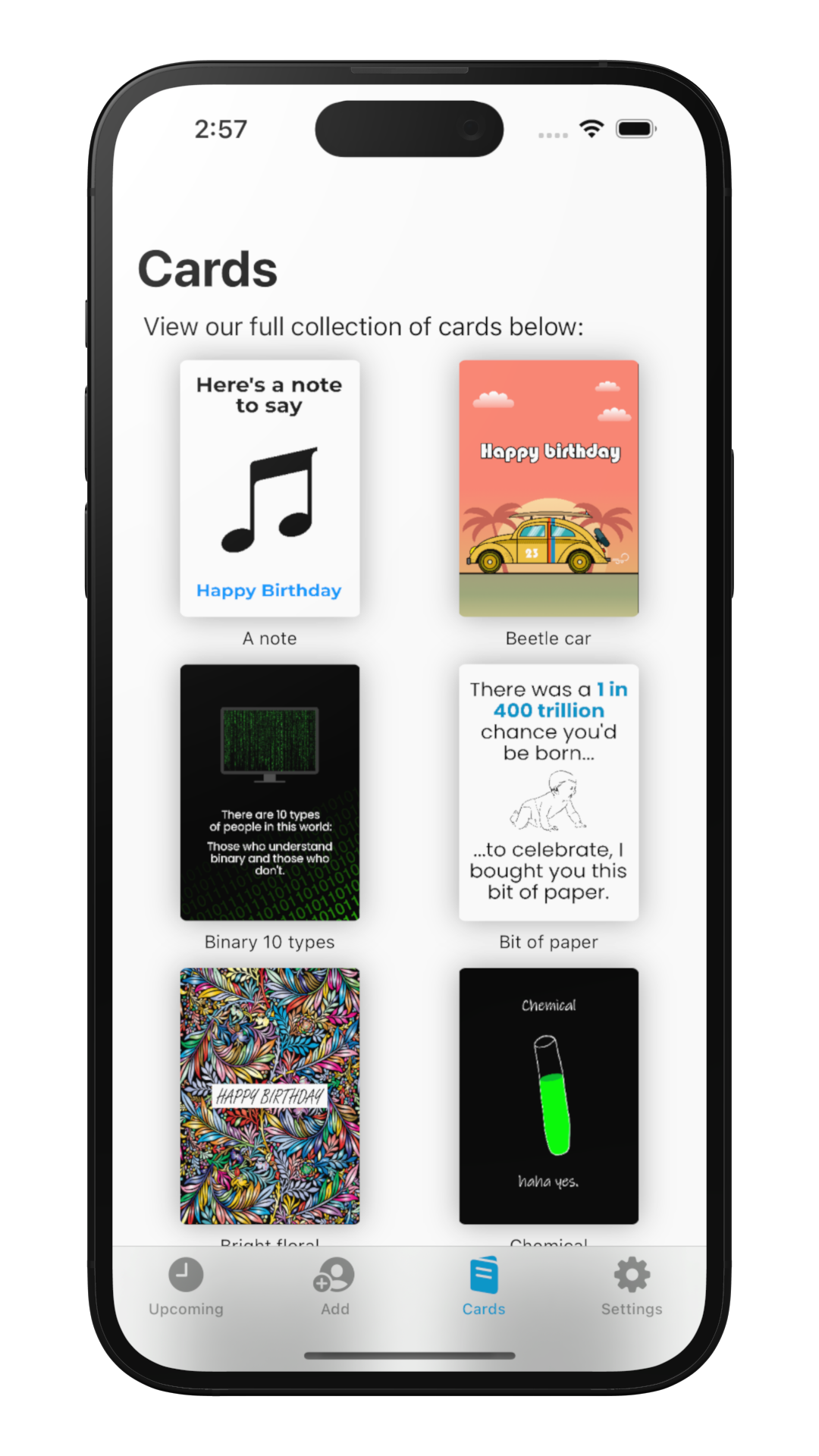 An iPhone showing the collection of cards that are available in the app.