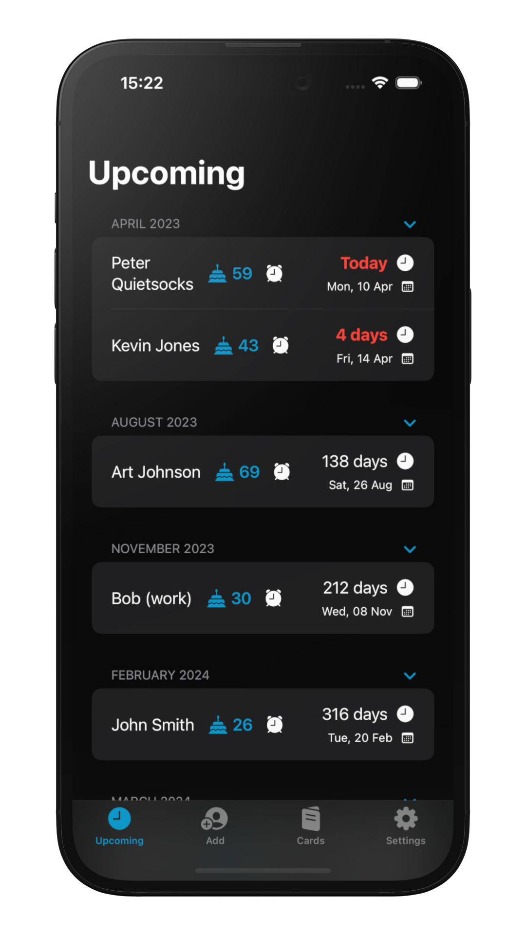 An iPhone shows the Birthday Reminders by DACCAA app in a dark theme.